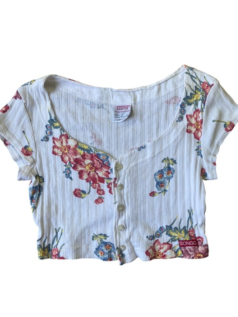 Bongo VTG 80-90's Fairy Grunge Baby Tee Henley Crop Top Large White Floral Boho